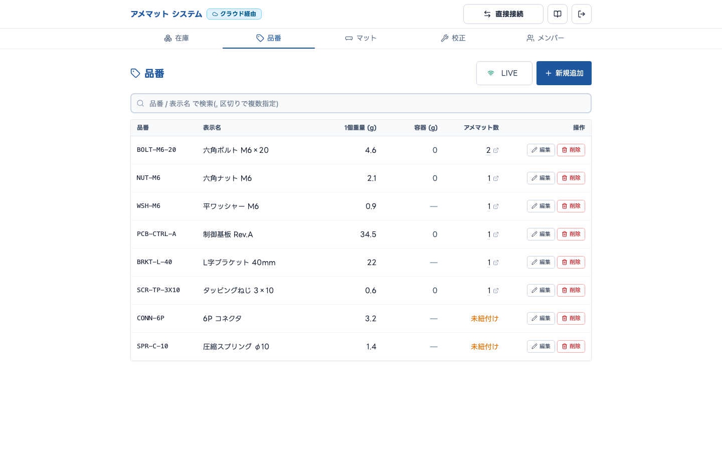 品番タブのスクリーンショット